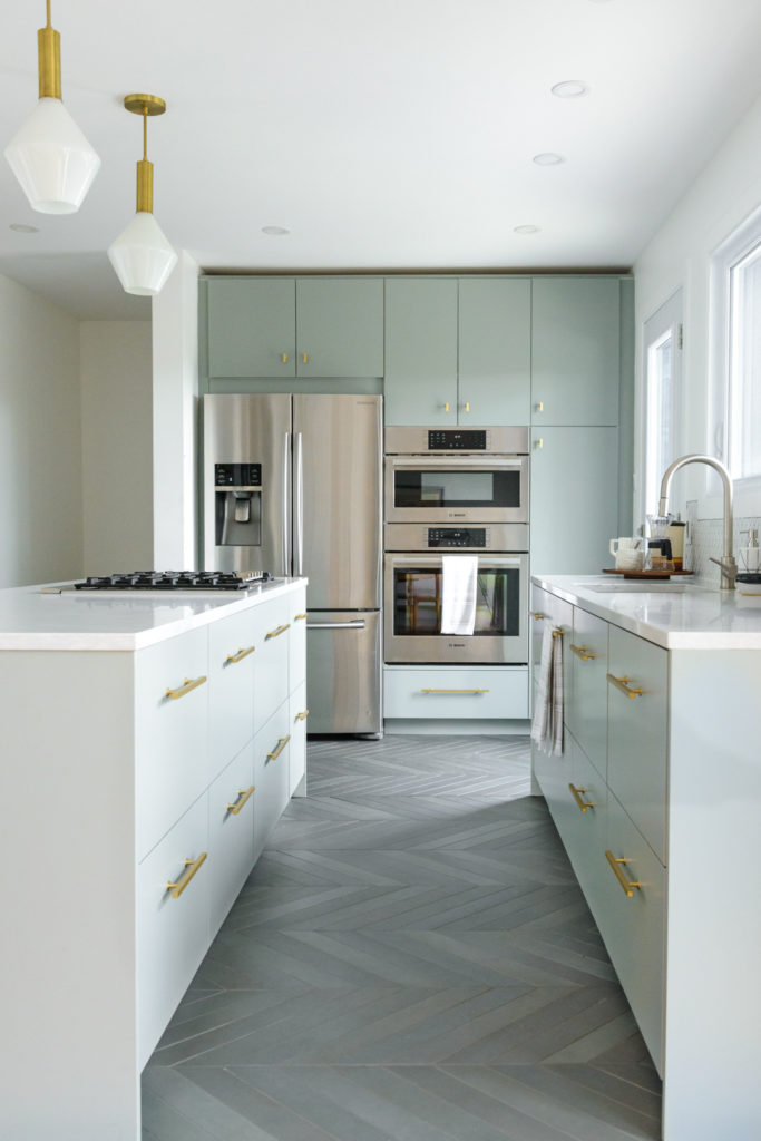 sage green modern kitchen design with gold accents
