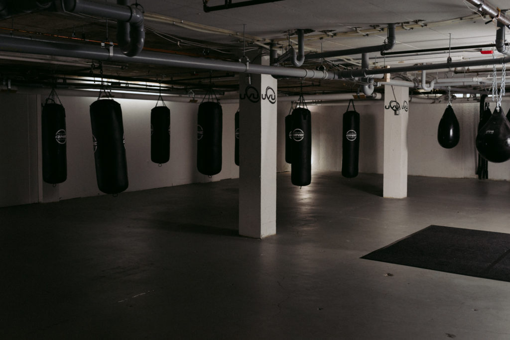 basement boxing gym with punching bags