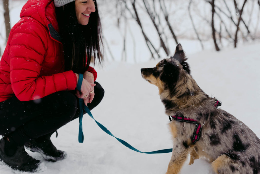 female entrepreneur walking her dog in the snow