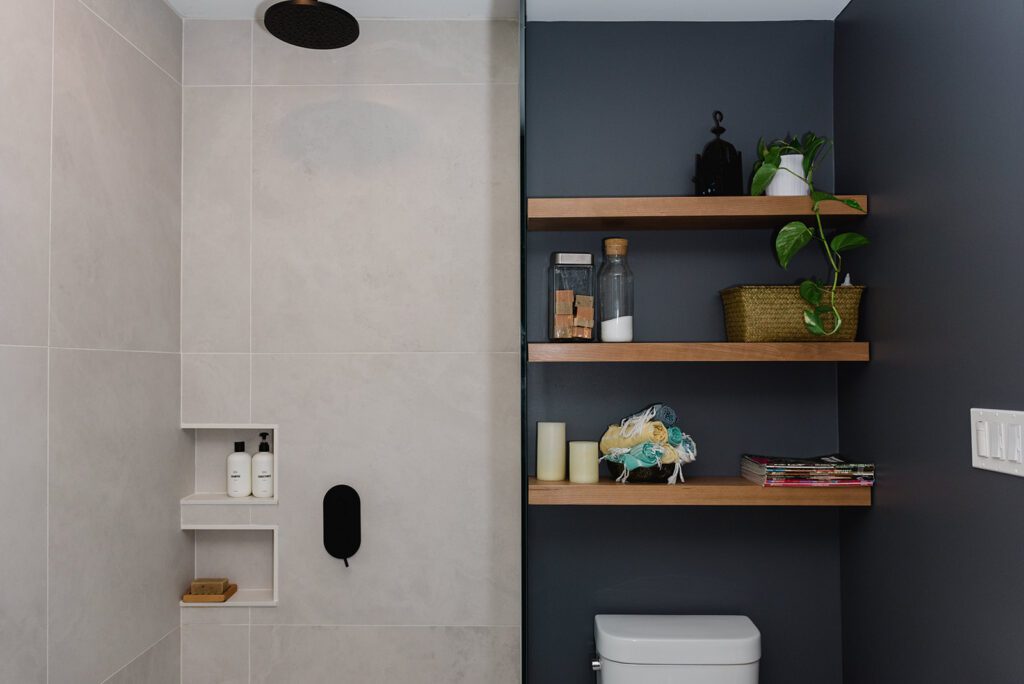 styled shelves and shower