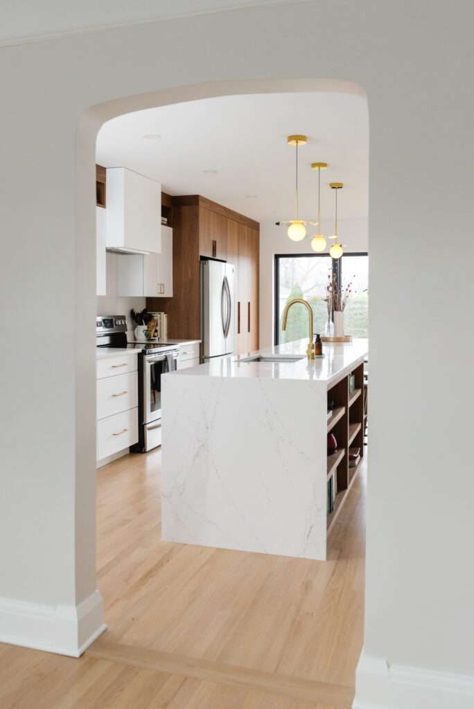 modern midcentury wood and white kitchen