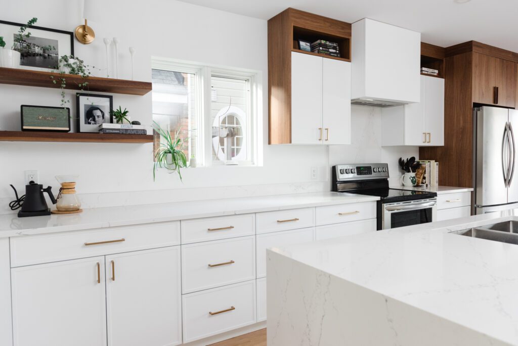 modern midcentury wood and white kitchen